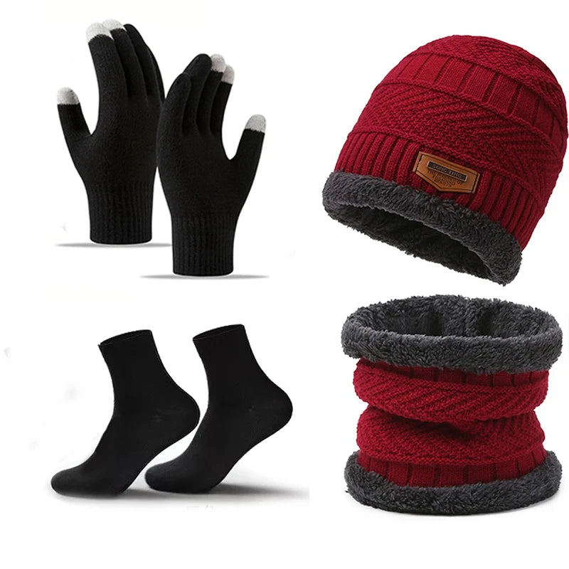 Winter Hat, Scarf & Gloves Set — Unisex Velvet-Lined Knit Cap, Coral Fleece Scarf & Cozy Gloves for Outdoor Winter Activities