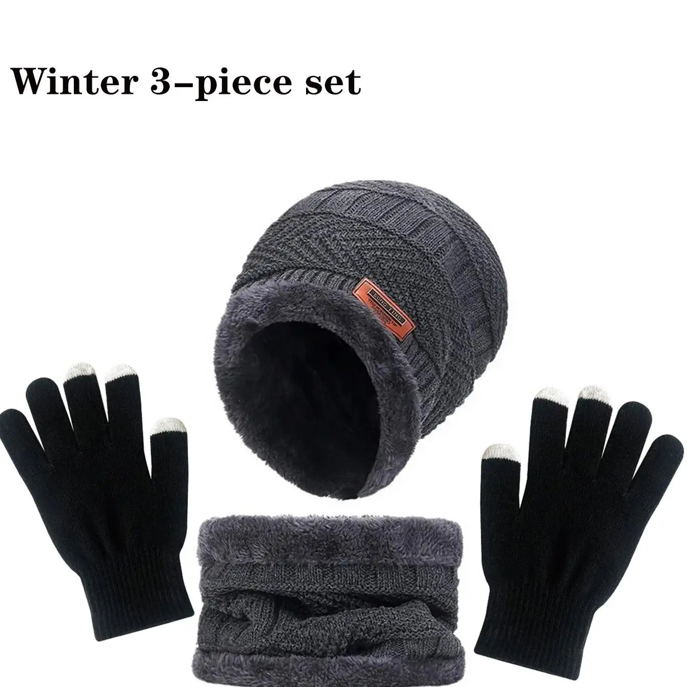 Winter Hat, Scarf & Gloves Set — Unisex Velvet-Lined Knit Cap, Coral Fleece Scarf & Cozy Gloves for Outdoor Winter Activities