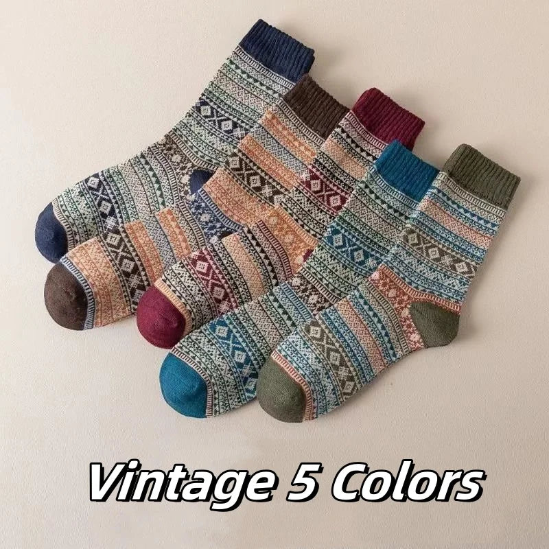 5 Pairs Retro Ethnic Style Winter Socks – Unisex Thick Warm Japanese Knit, Mid-Calf Cozy Stockings for Autumn & Winter