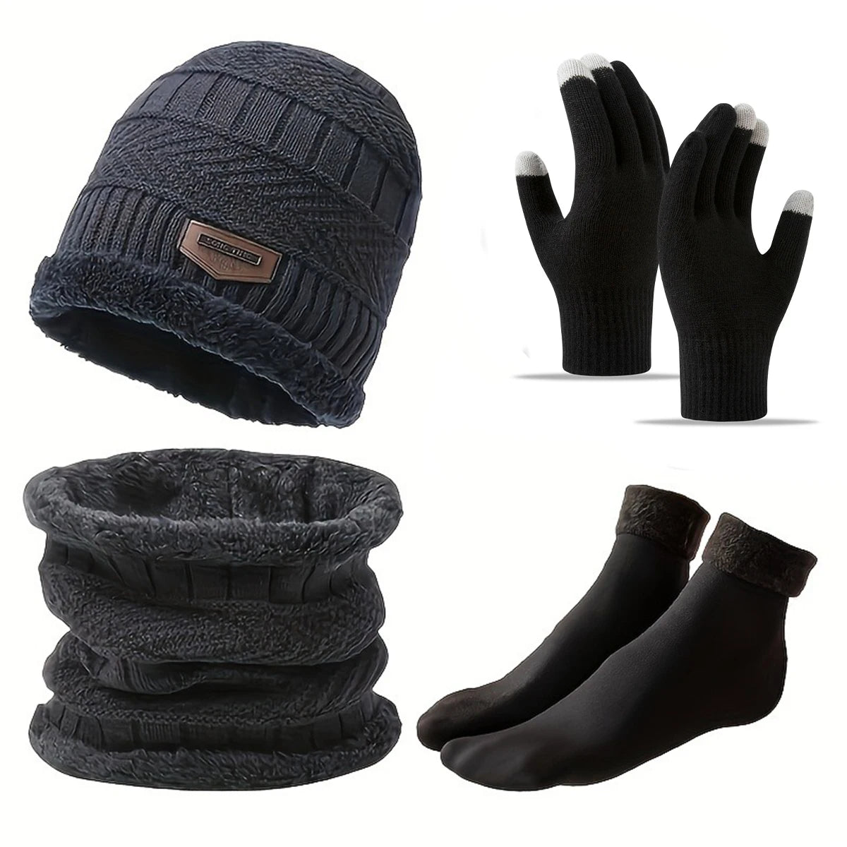 Winter Hat, Scarf & Gloves Set — Unisex Velvet-Lined Knit Cap, Coral Fleece Scarf & Cozy Gloves for Outdoor Winter Activities