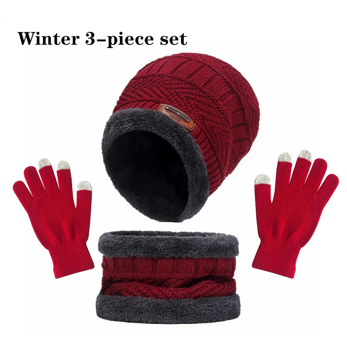 Winter Hat, Scarf & Gloves Set — Unisex Velvet-Lined Knit Cap, Coral Fleece Scarf & Cozy Gloves for Outdoor Winter Activities