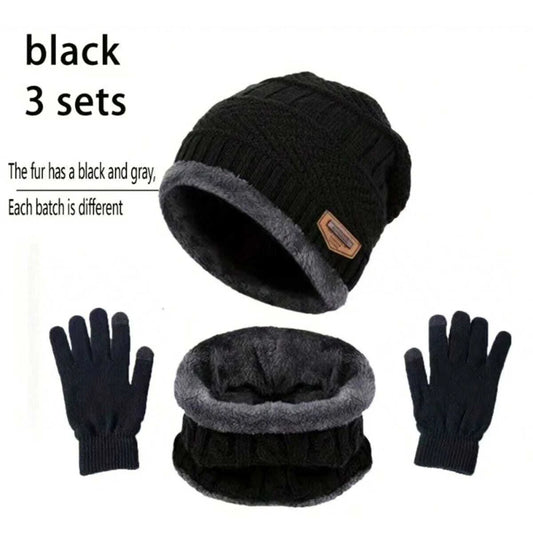 Winter Hat, Scarf & Gloves Set — Unisex Velvet-Lined Knit Cap, Coral Fleece Scarf & Cozy Gloves for Outdoor Winter Activities