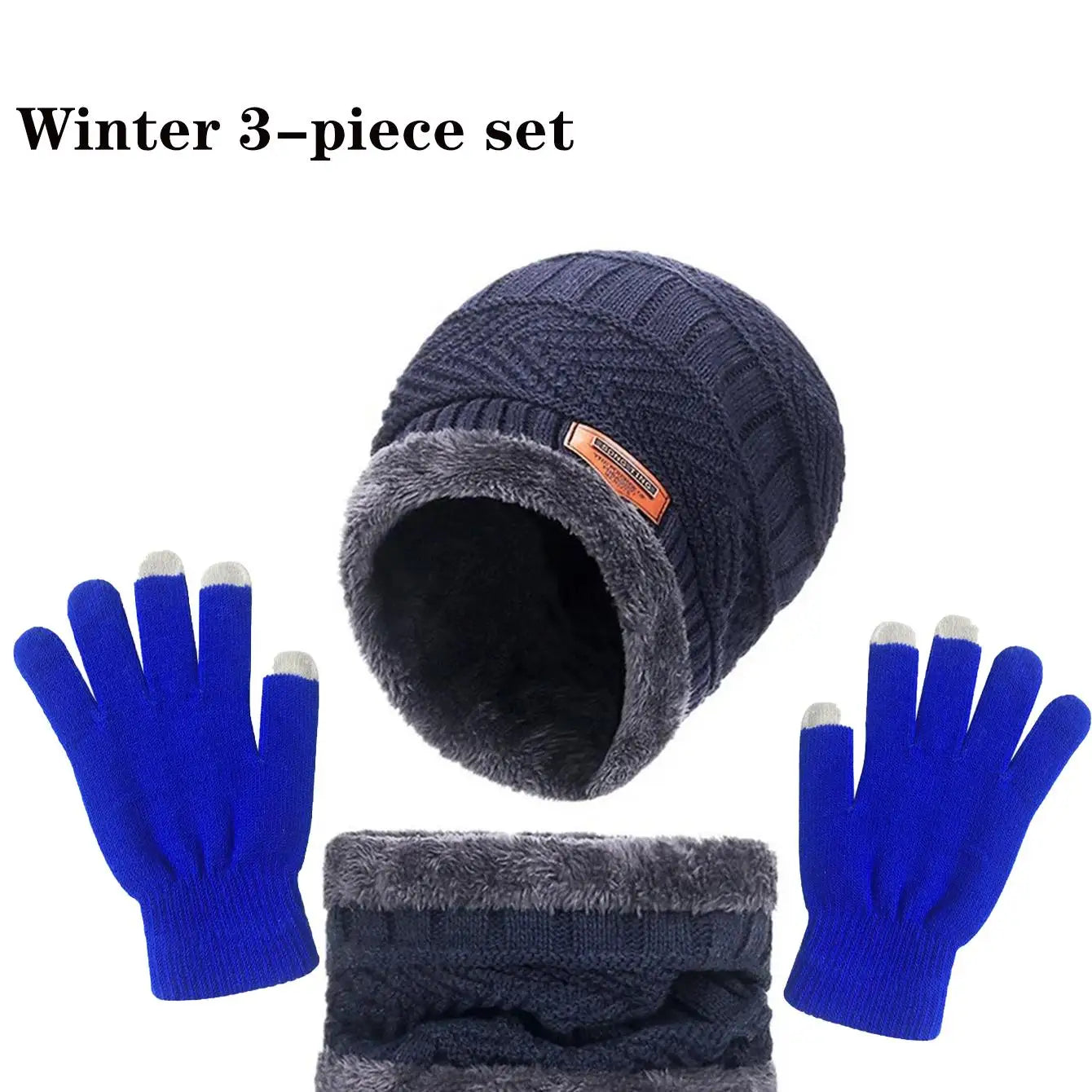 Winter Hat, Scarf & Gloves Set — Unisex Velvet-Lined Knit Cap, Coral Fleece Scarf & Cozy Gloves for Outdoor Winter Activities