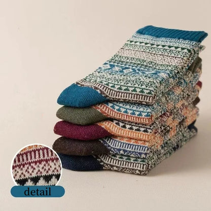 5 Pairs Retro Ethnic Style Winter Socks – Unisex Thick Warm Japanese Knit, Mid-Calf Cozy Stockings for Autumn & Winter