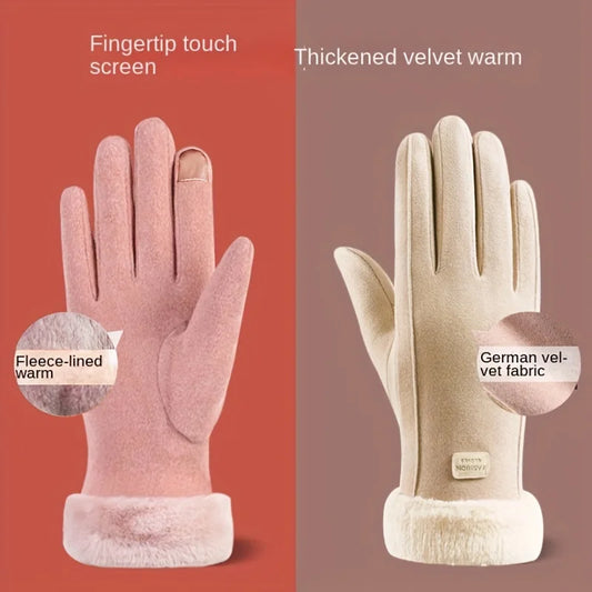 Women’s Touch-Screen Winter Mittens – Elegant Suede Fabric, Warm Thin Cashmere, Windproof Autumn Driving Gloves