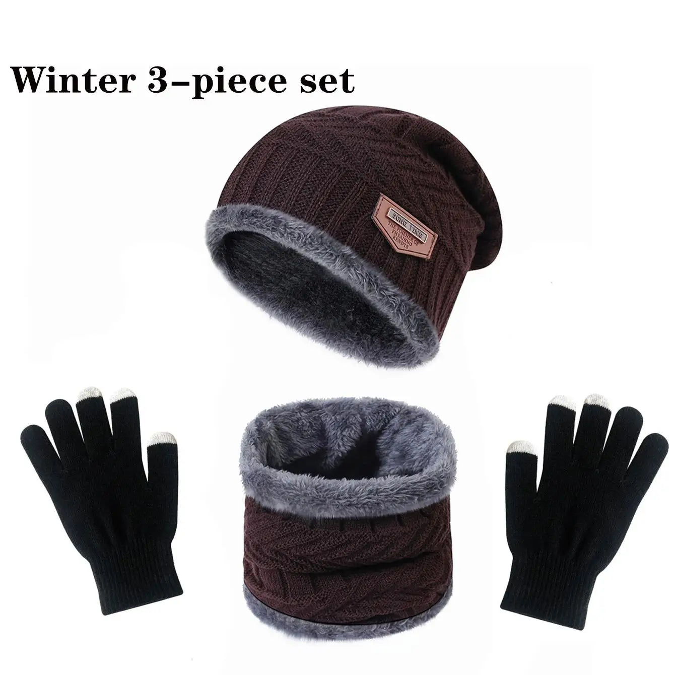 Winter Hat, Scarf & Gloves Set — Unisex Velvet-Lined Knit Cap, Coral Fleece Scarf & Cozy Gloves for Outdoor Winter Activities