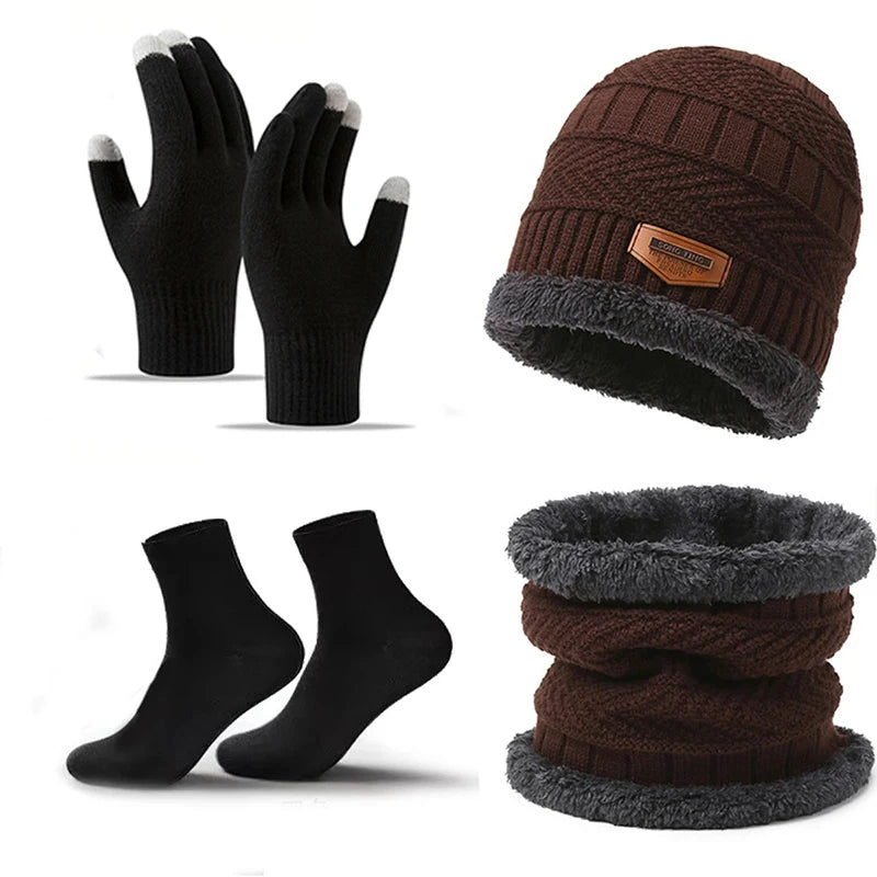 Winter Hat, Scarf & Gloves Set — Unisex Velvet-Lined Knit Cap, Coral Fleece Scarf & Cozy Gloves for Outdoor Winter Activities