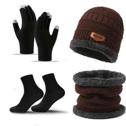 Winter Hat, Scarf & Gloves Set — Unisex Velvet-Lined Knit Cap, Coral Fleece Scarf & Cozy Gloves for Outdoor Winter Activities