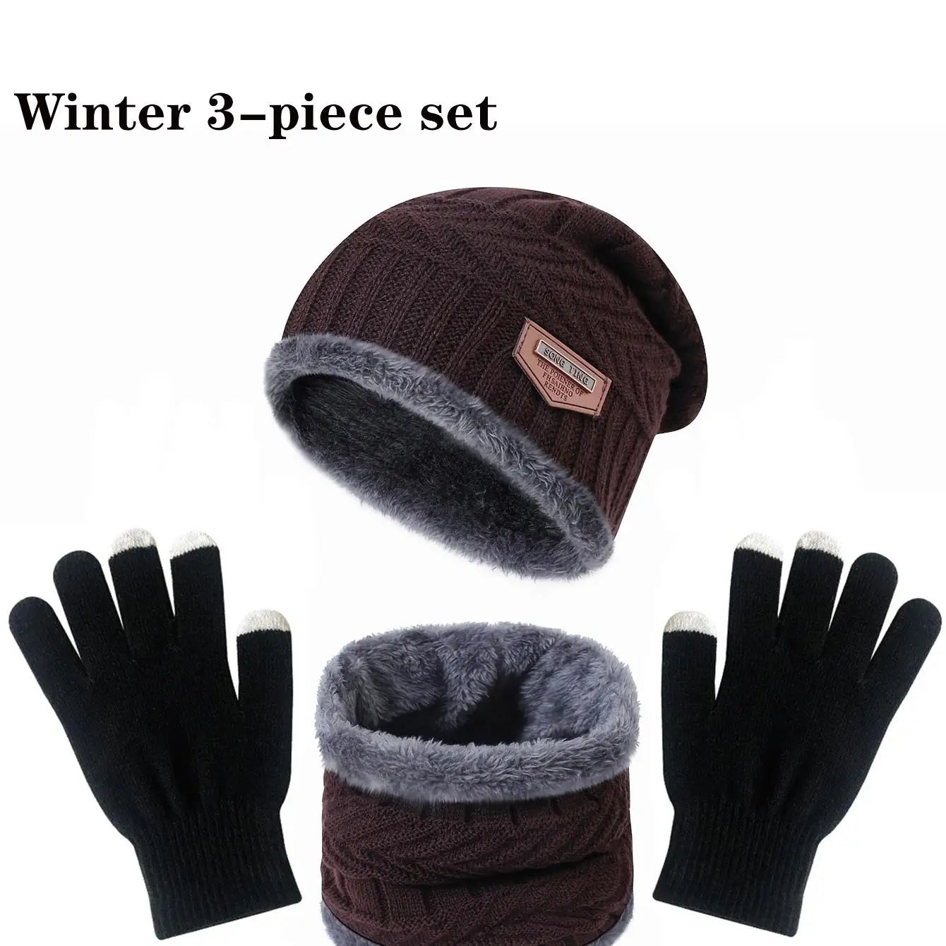 Winter Hat, Scarf & Gloves Set — Unisex Velvet-Lined Knit Cap, Coral Fleece Scarf & Cozy Gloves for Outdoor Winter Activities