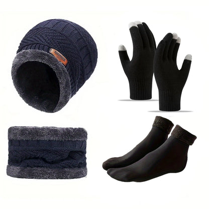 Winter Hat, Scarf & Gloves Set — Unisex Velvet-Lined Knit Cap, Coral Fleece Scarf & Cozy Gloves for Outdoor Winter Activities