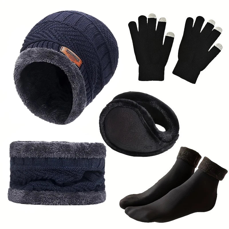 Winter Hat, Scarf & Gloves Set — Unisex Velvet-Lined Knit Cap, Coral Fleece Scarf & Cozy Gloves for Outdoor Winter Activities