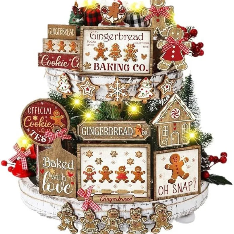 🎄 24 Pcs Rustic Christmas Wood Decor Set – Farmhouse Tiered Tray Fillers & Holiday Ornaments