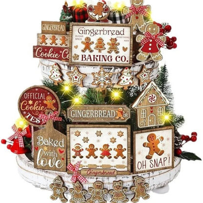 🎄 24 Pcs Rustic Christmas Wood Decor Set – Farmhouse Tiered Tray Fillers & Holiday Ornaments