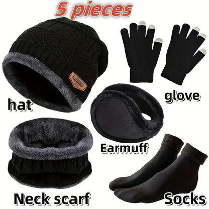 Winter Hat, Scarf & Gloves Set — Unisex Velvet-Lined Knit Cap, Coral Fleece Scarf & Cozy Gloves for Outdoor Winter Activities