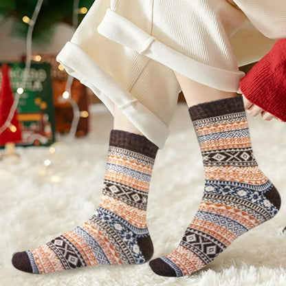 5 Pairs Retro Ethnic Style Winter Socks – Unisex Thick Warm Japanese Knit, Mid-Calf Cozy Stockings for Autumn & Winter