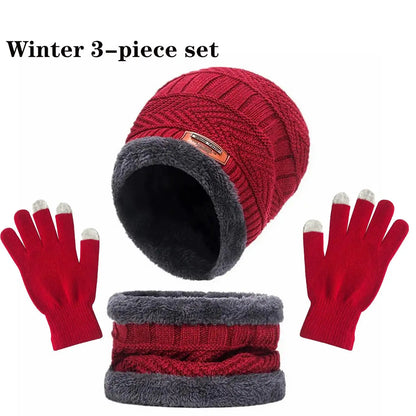 Winter Hat, Scarf & Gloves Set — Unisex Velvet-Lined Knit Cap, Coral Fleece Scarf & Cozy Gloves for Outdoor Winter Activities