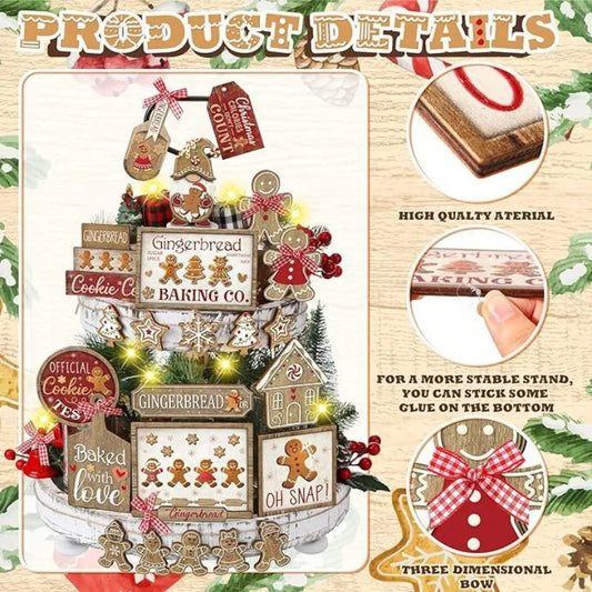 🎄 24 Pcs Rustic Christmas Wood Decor Set – Farmhouse Tiered Tray Fillers & Holiday Ornaments