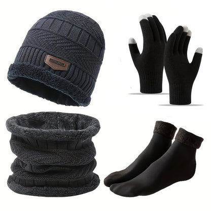 Winter Hat, Scarf & Gloves Set — Unisex Velvet-Lined Knit Cap, Coral Fleece Scarf & Cozy Gloves for Outdoor Winter Activities