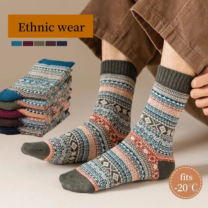 5 Pairs Retro Ethnic Style Winter Socks – Unisex Thick Warm Japanese Knit, Mid-Calf Cozy Stockings for Autumn & Winter