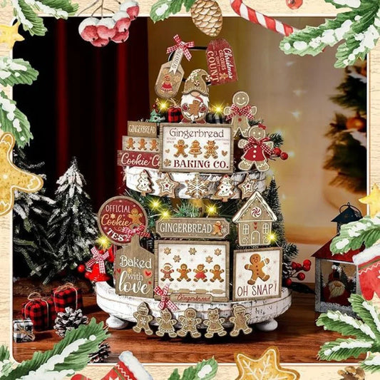🎄 24 Pcs Rustic Christmas Wood Decor Set – Farmhouse Tiered Tray Fillers & Holiday Ornaments