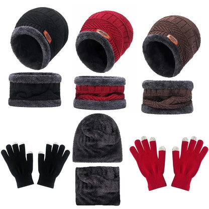 Winter Hat, Scarf & Gloves Set — Unisex Velvet-Lined Knit Cap, Coral Fleece Scarf & Cozy Gloves for Outdoor Winter Activities