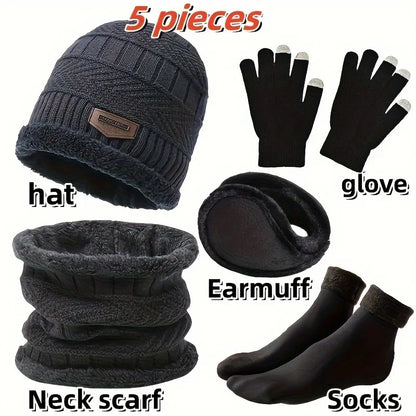 Winter Hat, Scarf & Gloves Set — Unisex Velvet-Lined Knit Cap, Coral Fleece Scarf & Cozy Gloves for Outdoor Winter Activities