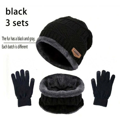 Winter Hat, Scarf & Gloves Set — Unisex Velvet-Lined Knit Cap, Coral Fleece Scarf & Cozy Gloves for Outdoor Winter Activities