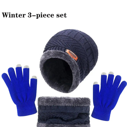 Winter Hat, Scarf & Gloves Set — Unisex Velvet-Lined Knit Cap, Coral Fleece Scarf & Cozy Gloves for Outdoor Winter Activities
